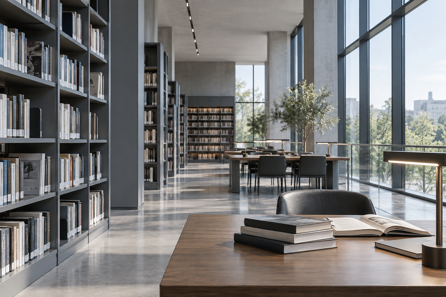 Modern kütüphanede düzenli raflar ve çalışma alanı