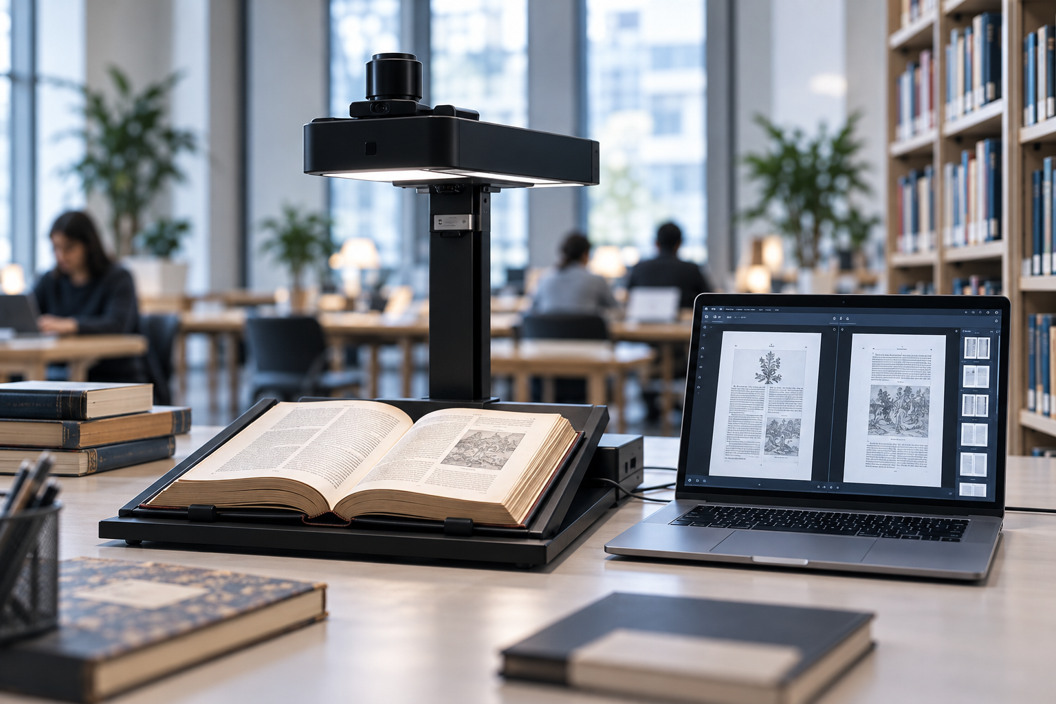 Kitap tarama cihazı ve dijital belgelerin görüntülendiği bilgisayar